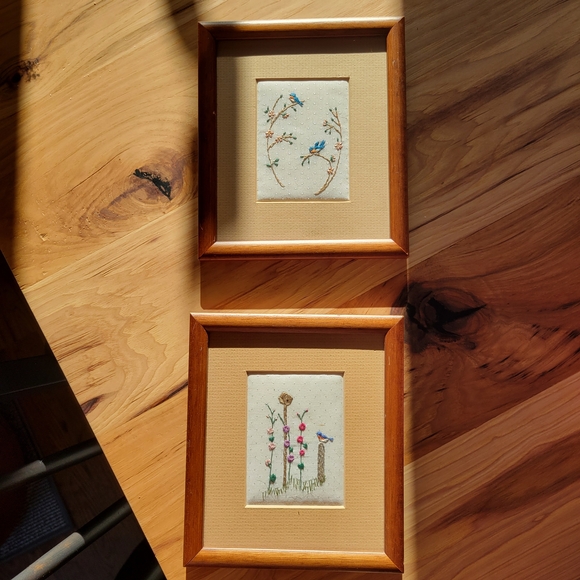 Midcentury Modern Other - Hand Embroidered Vintage Blue Bird Wall Art - Set of 2